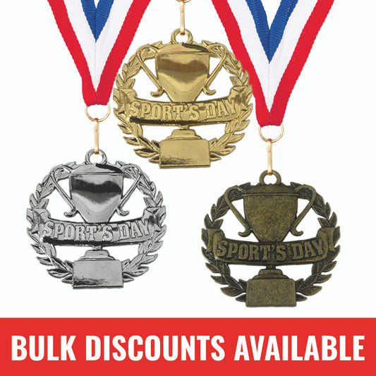 Sticker Stocker - Sports Day Medal with FREE Ribbon and Certificate 50mm Iron (Laurel Trophy Themed) Gold, silver or bronze