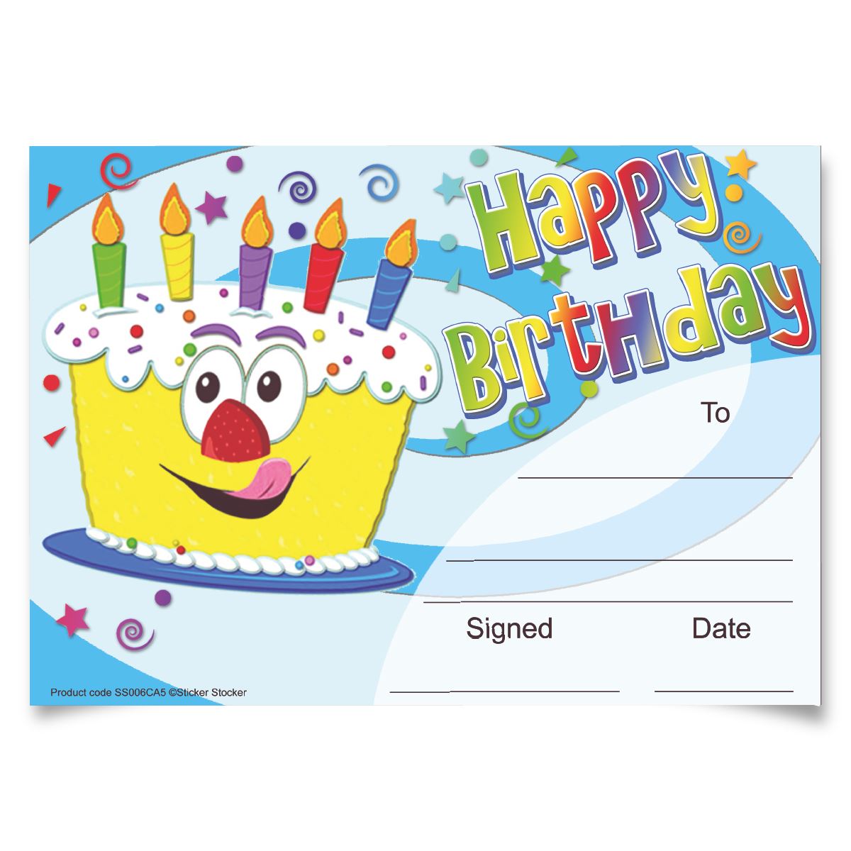 30 Happy Birthday Cake themed award certificates for school teachers, 250gsm A5 silk finish card