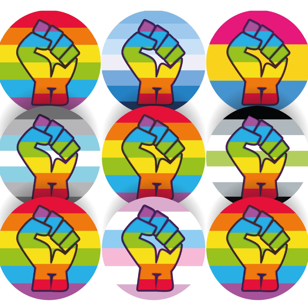 144 Colourful LGBT Pride Rainbow Fists 30mm Glossy Stickers