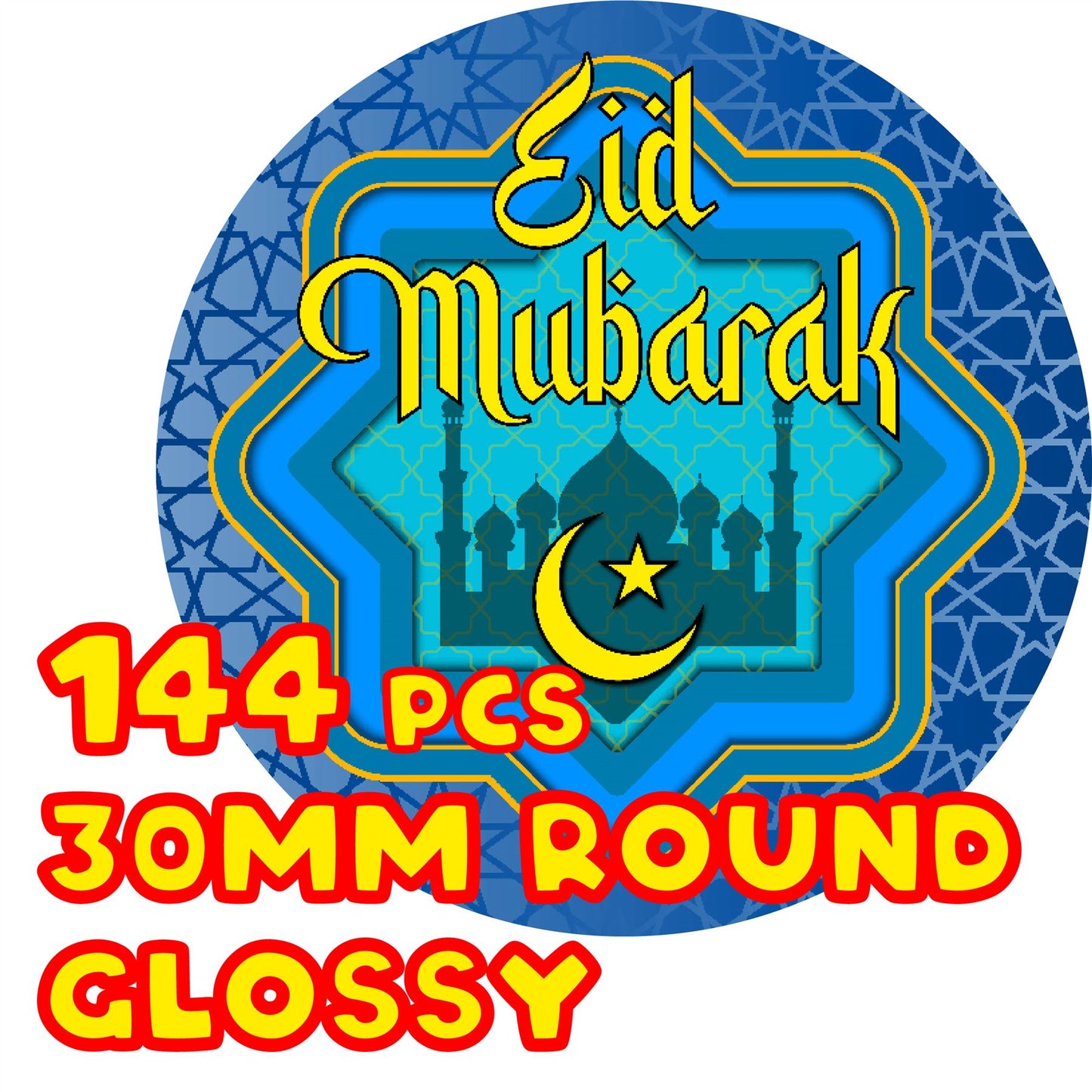 144 Colourful Eid Mubarak 30mm Glossy Stickers