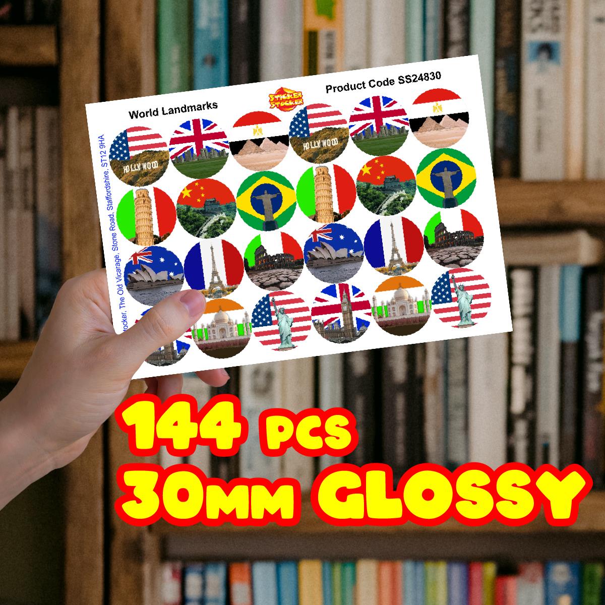 144 World Landmarks 30mm Stickers for School Teachers, Parents and Nursery