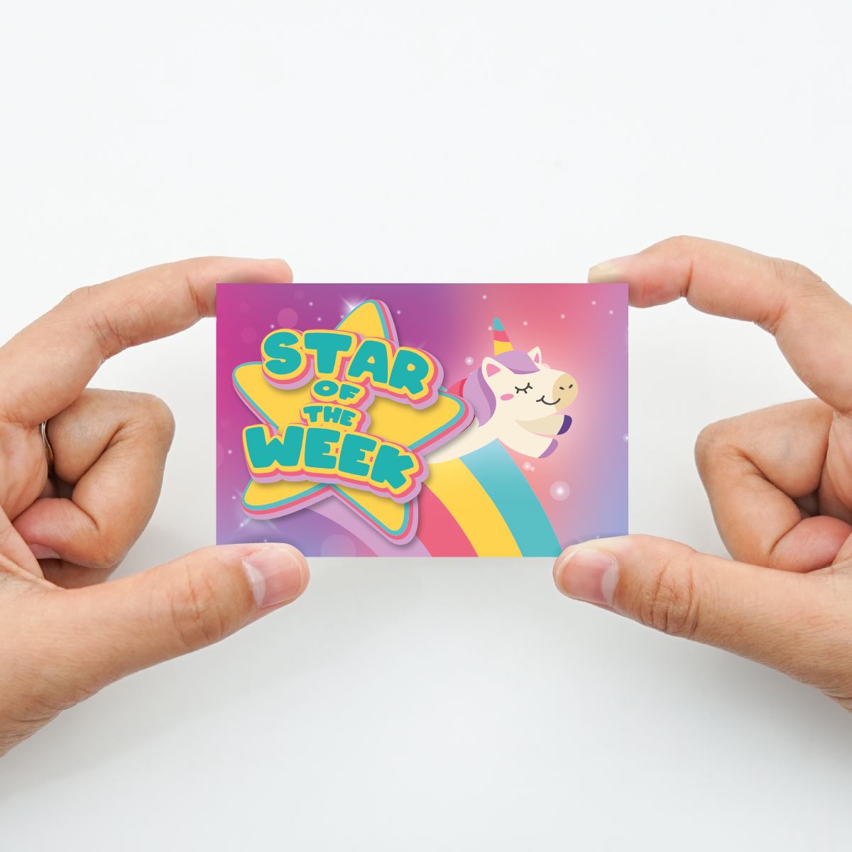 30 Unicorn Star of the Week award cards for school teachers, wallet sized glossy reward cards