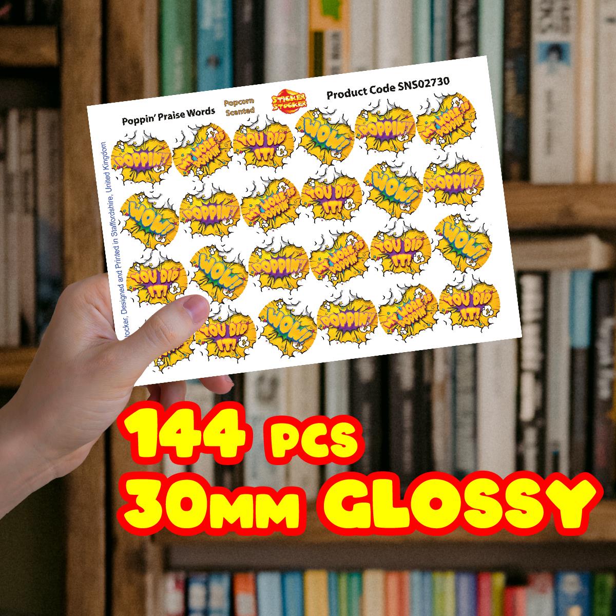 120 Popcorn Poppin' Praise Words 30mm Scented Reward Stickers for Teachers, Parents and Party Bags