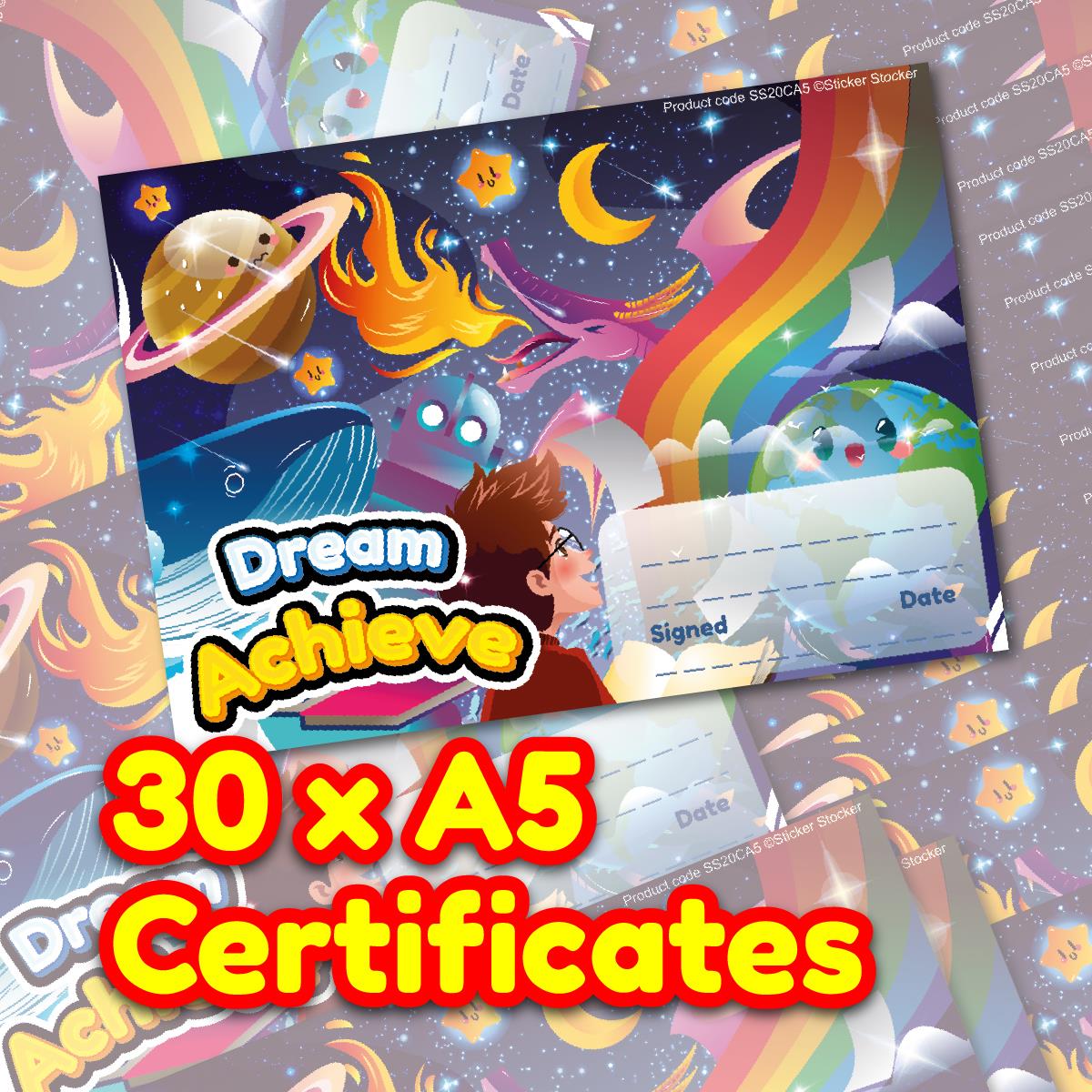 30 Dream Achieve Award certificates for school teachers, 250gsm A5 silk finish card