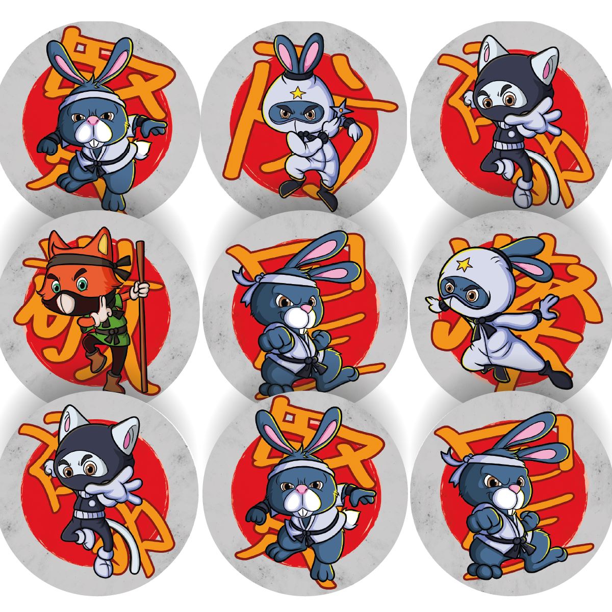 144 Karate Ninja Animals  - 30mm - Glossy Reward Stickers for Teachers & Parents