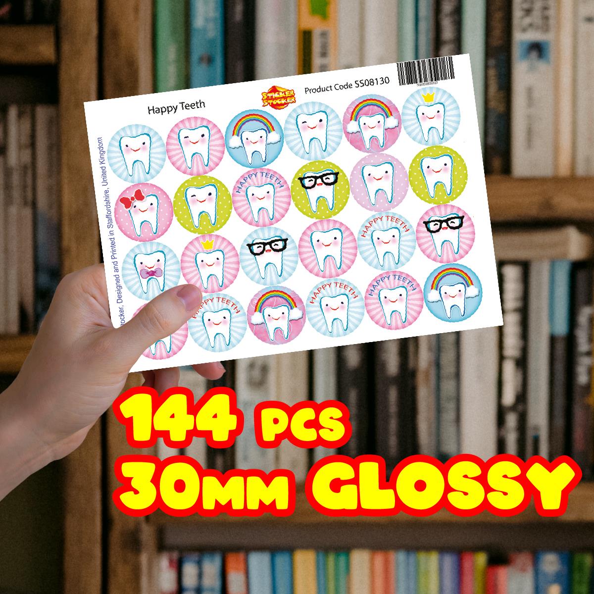 144 Happy Teeth 30mm Reward Stickers for Teachers, Parents. Dentist and Party Bags