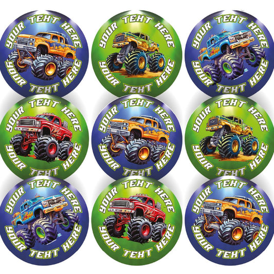 144 Monster Truck Personalised 30mm Children's Reward Stickers for Teachers or Parents and Party Bags