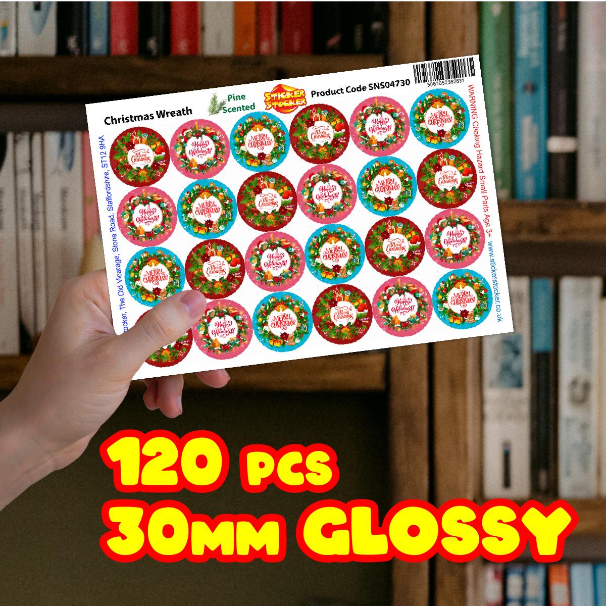 120 Christmas Wreath Pine Scented Stickers - 30mm Scented Stickers - For Teachers Nursery Parents