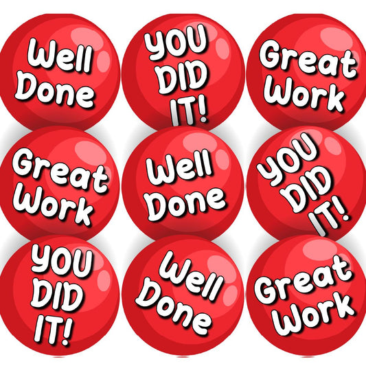 144 Red Clown Nose Praise Words - 30mm - Glossy Reward Stickers for Teachers & Parents