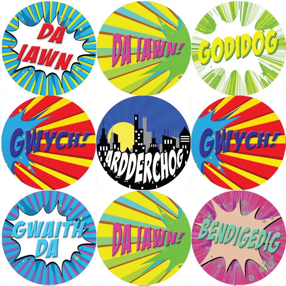 144 Superhero Comic Welsh Praise Words 30mm Reward Stickers for Teachers, Parents