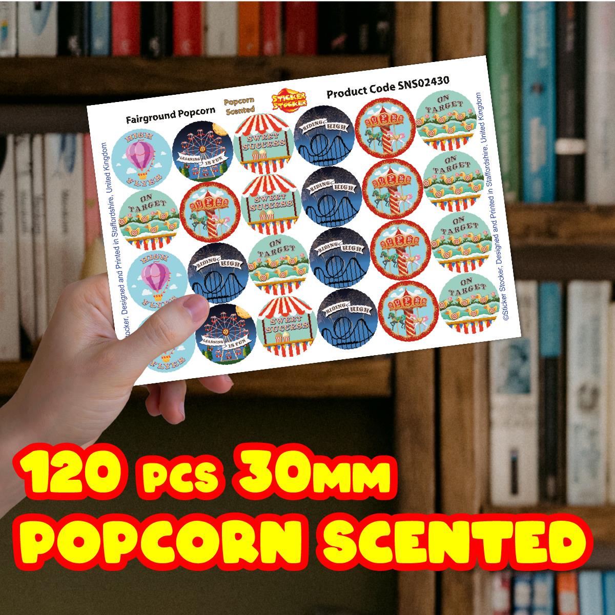 120 Popcorn Fairground 30mm Popcorn Scented Reward Stickers for Teachers, Parents and Party Bags