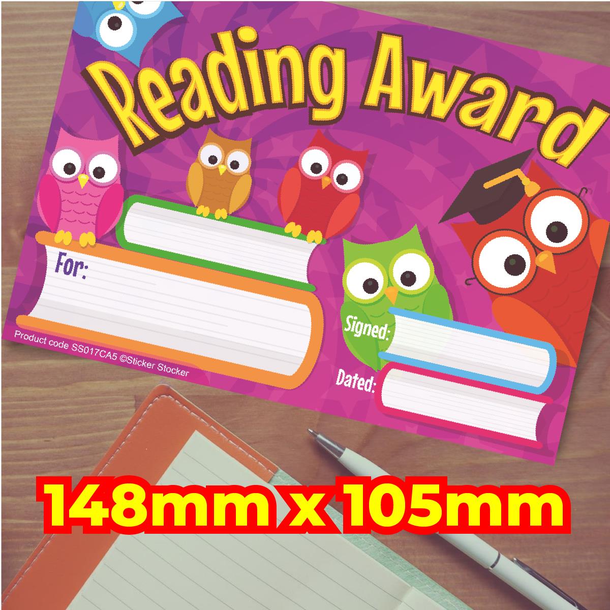 30 Reading Owls Award certificates for school teachers, 250gsm A5 silk finish card