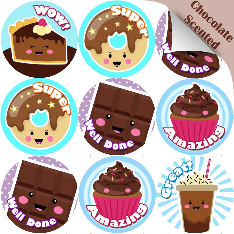 120 Chocolate Praise Words 30mm Scented Reward Stickers for Teachers, Parents and Party Bags