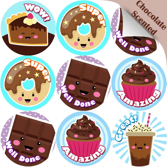 120 Chocolate Praise Words 30mm Scented Reward Stickers for Teachers, Parents and Party Bags