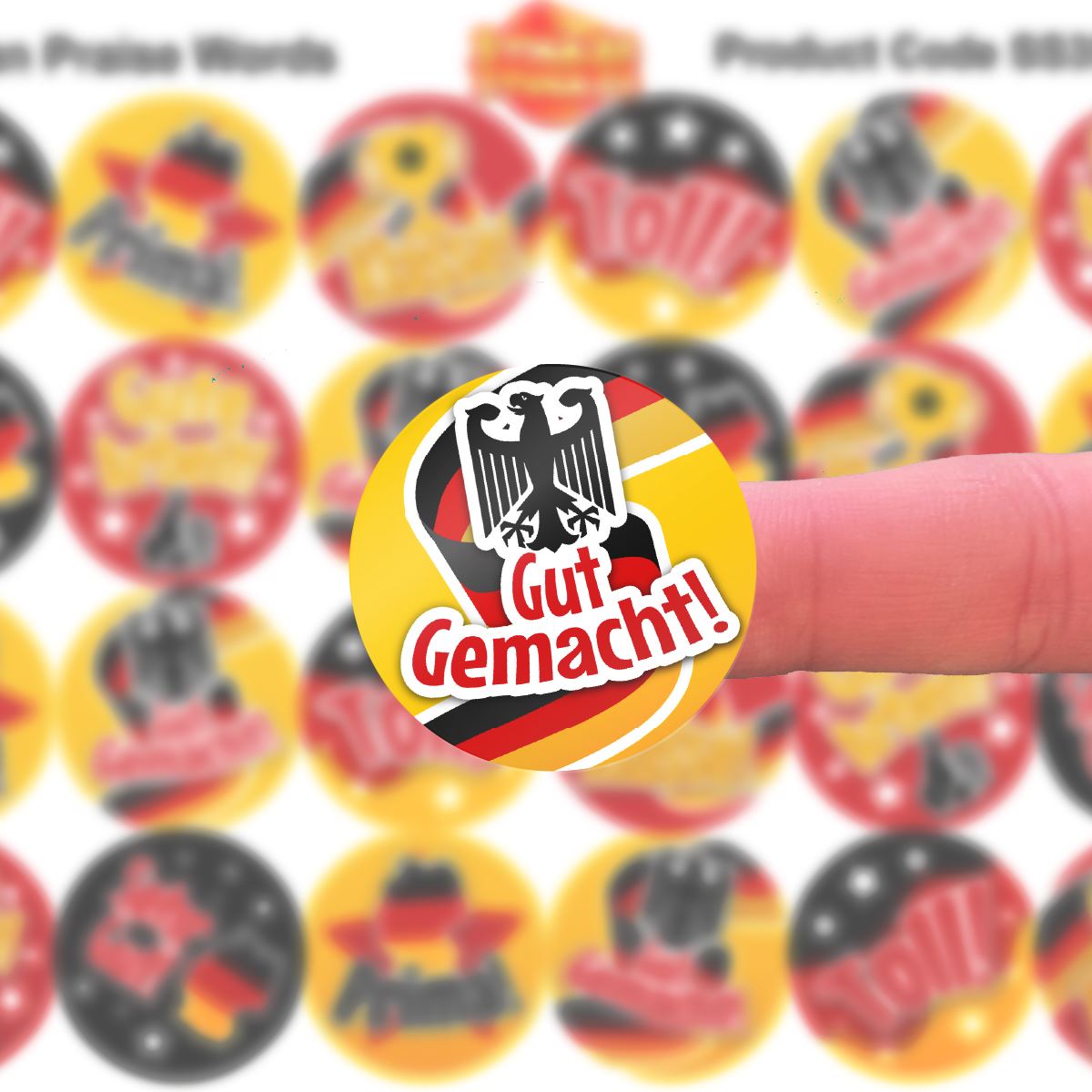 144 Super German Praise Word Stickers - 30mm Glossy Reward Stickers for Teachers & Parents