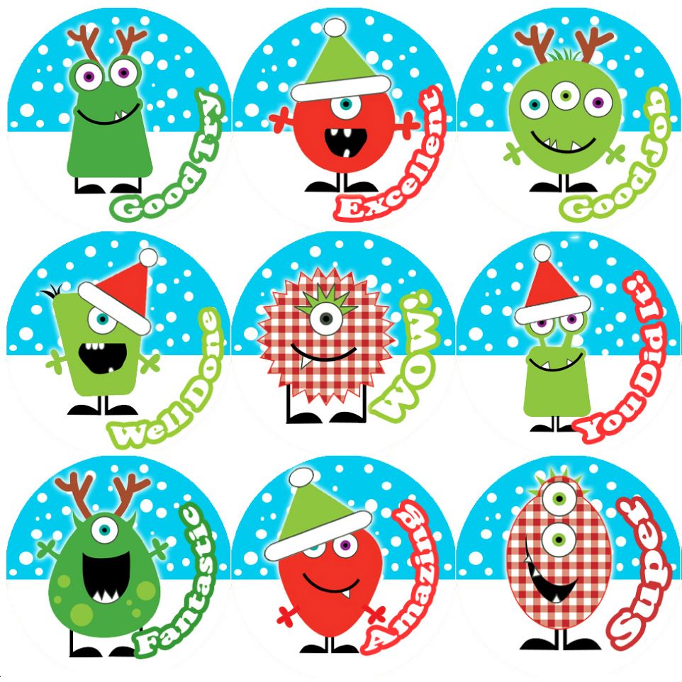 144 Christmas Monsters Praise Words 30mm Children's Reward Stickers for Teachers or Parents
