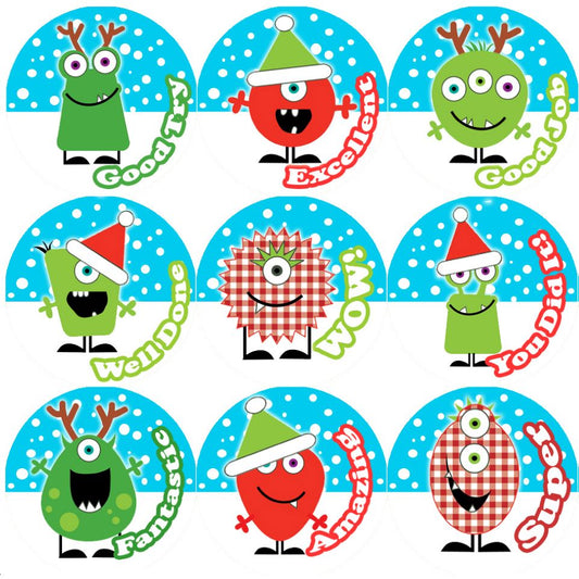 144 Christmas Monsters Praise Words 30mm Children's Reward Stickers for Teachers or Parents