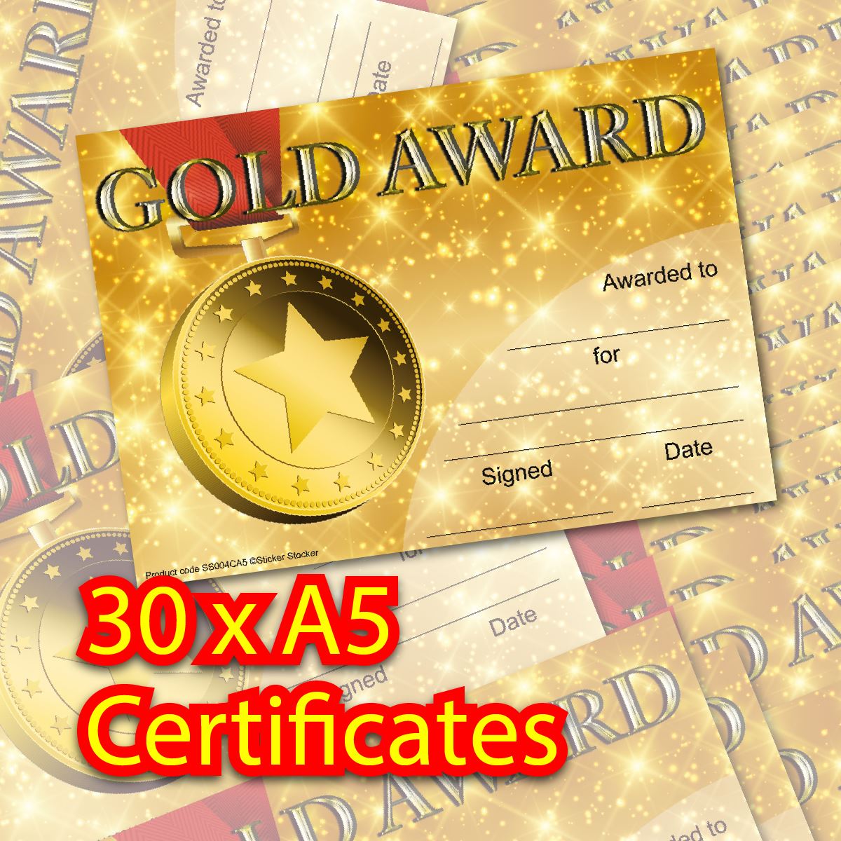 30 Gold Award Certificates for school teachers, 250gsm A5 silk finish card