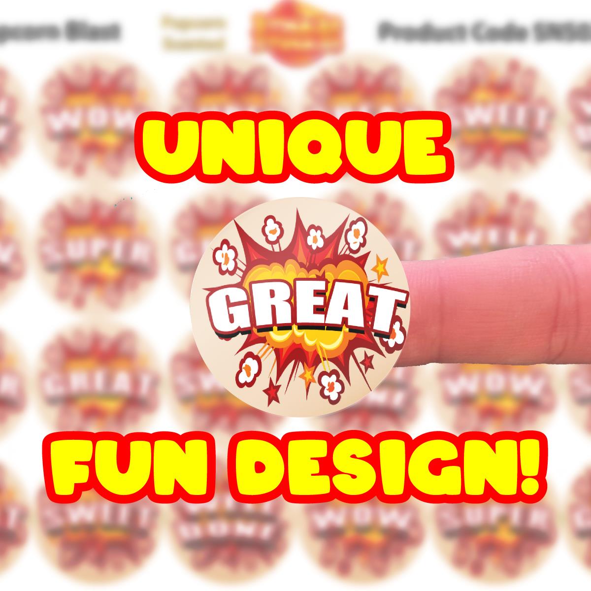 120 Popcorn Praise Words 30mm Popcorn Scented Reward Stickers for Teachers, Parents and Party Bags