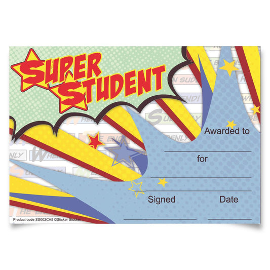 30 Super Student Superhero themed award certificates for school teachers, 250gsm A5 silk finish card