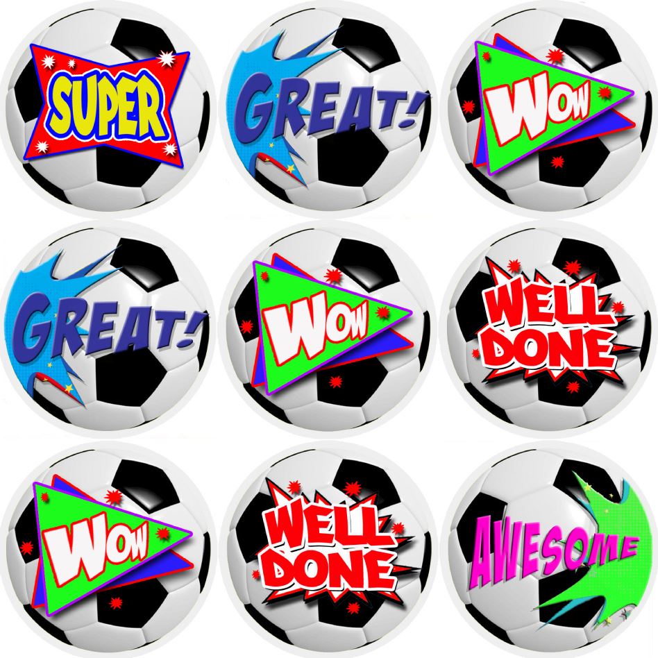 144 Football Praise Words 30mm Reward Stickers for Teachers, Parents and Party Bags