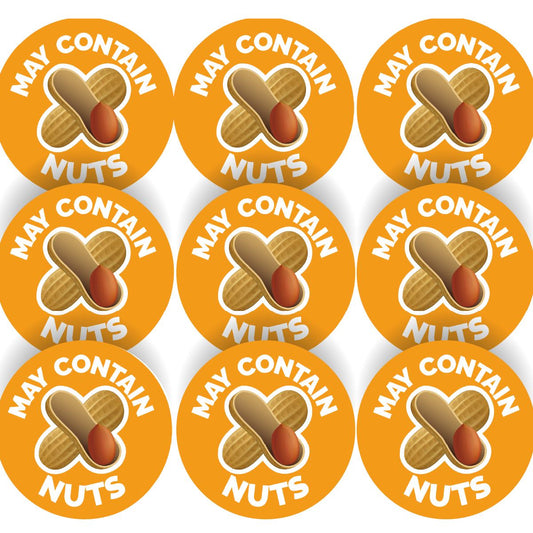 144 Warning May contain Nuts Food Allergy - 30mm - Glossy Food Label Stickers