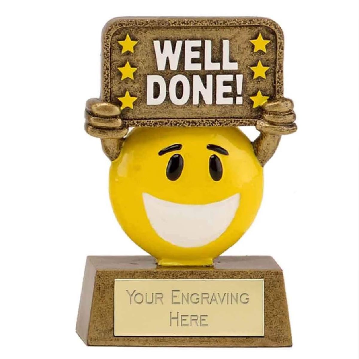 Mini Well Done Smiling Happy Face Award Trophy 9cm Resin FREE engraving and Certificate