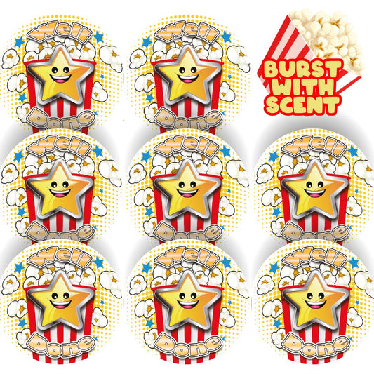 120 Popcorn Well Done 30mm Popcorn Scented Reward Stickers for Teachers, Parents and Party Bags