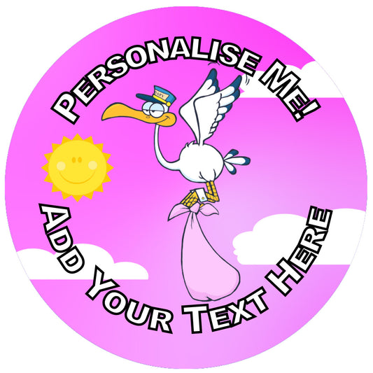 Sticker Stocker - 144 Baby Shower Stork - Pink 30mm Personalised Stickers
