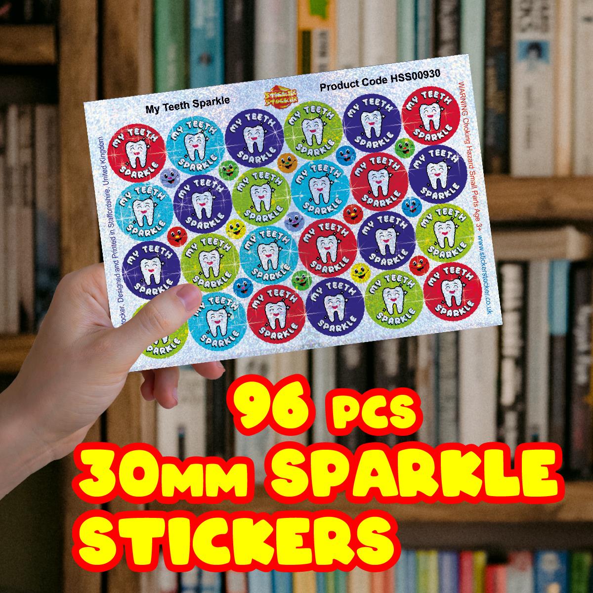 96 My Teeth Sparkle Stickers 30mm + 60 Free Sparkle Smiles Reward Stickers for Teachers, Parents and Schools
