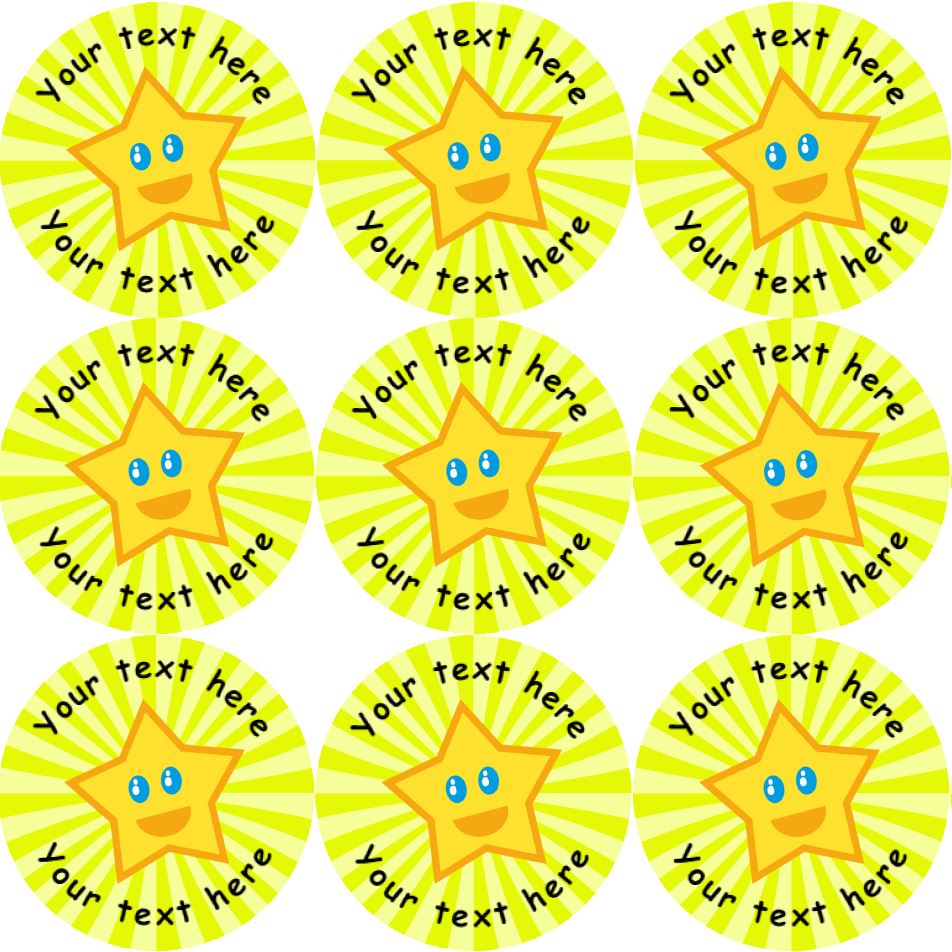 144 Happy Star Personalised (Yellow Background) 30mm Reward Stickers for School Teachers, Parents and Nursery