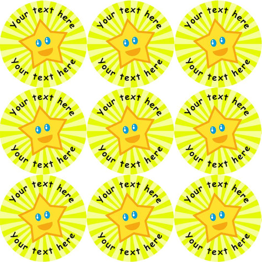 144 Happy Star Personalised (Yellow Background) 30mm Reward Stickers for School Teachers, Parents and Nursery