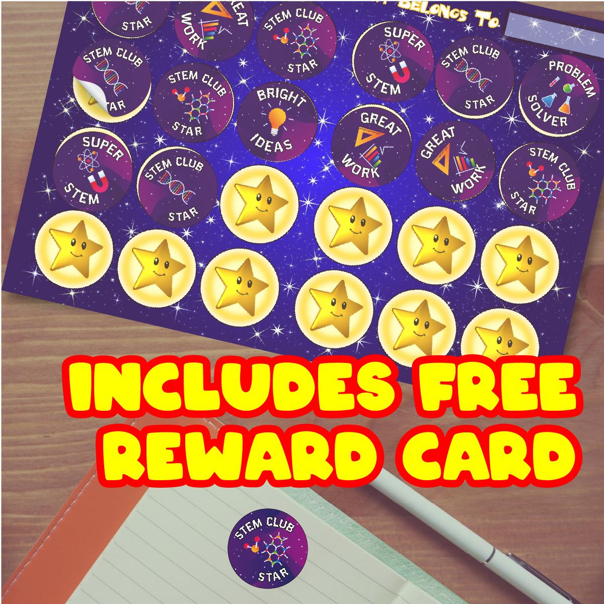 144 STEM Club Praise Words 30mm Reward Stickers for Teachers, Parents and Party Bags