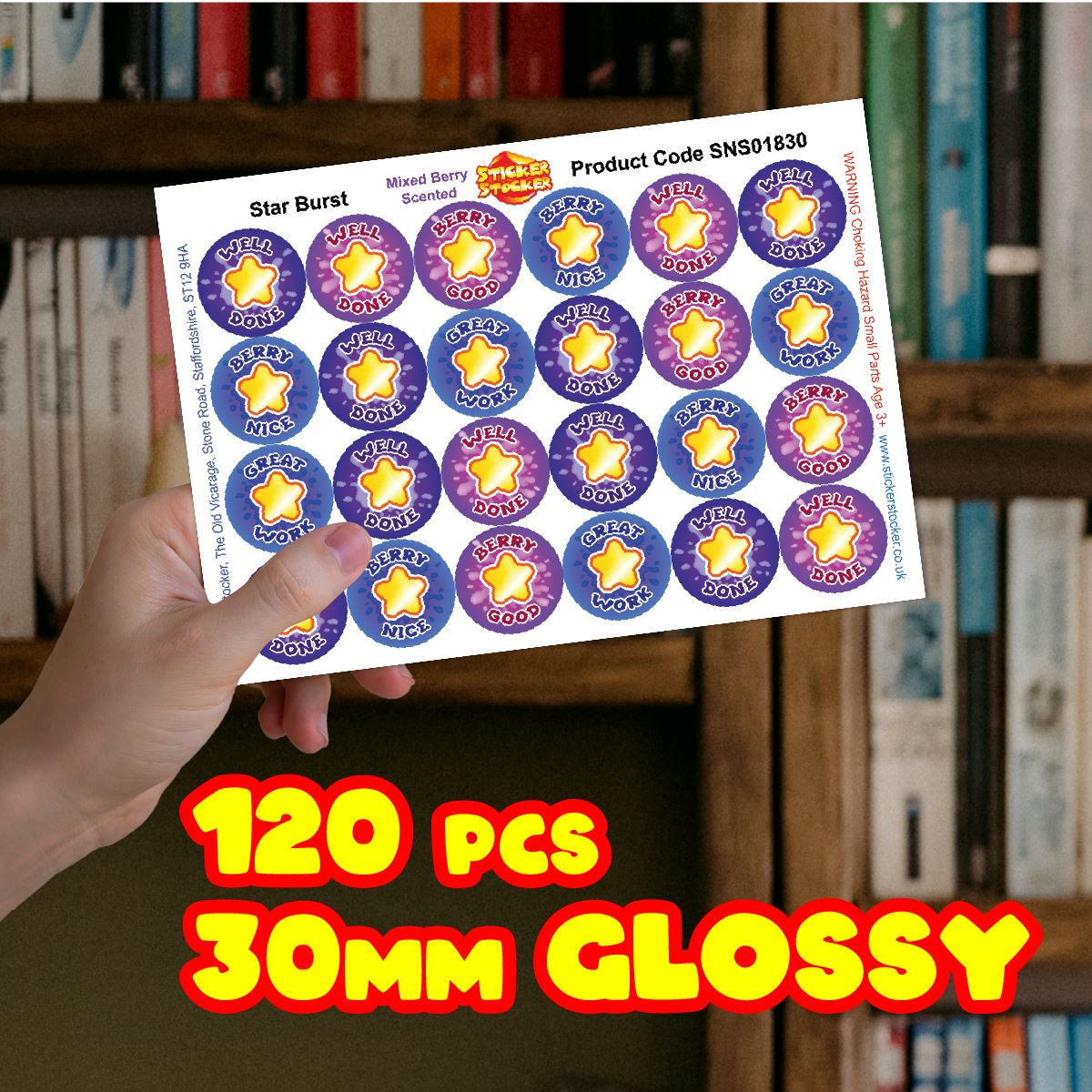 120 Mixed Berry Starburst 30mm Scented Reward Stickers for Teachers, Parents and Party Bags