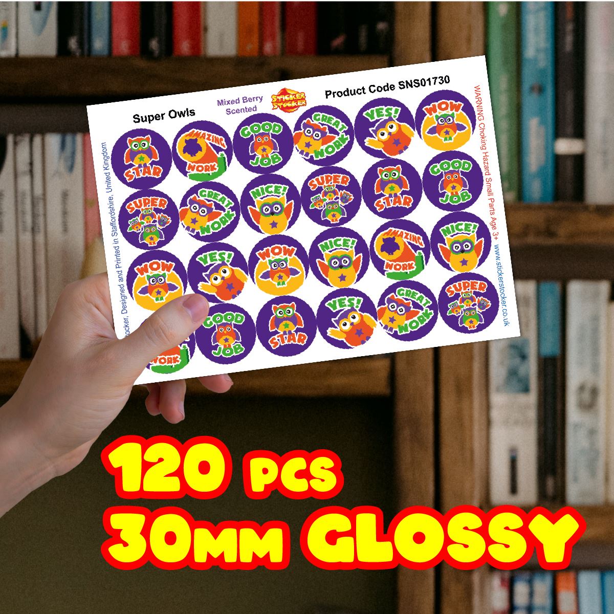 120 Mixed Berry Super Owls 30mm Scented Reward Stickers for Teachers, Parents and Party Bags