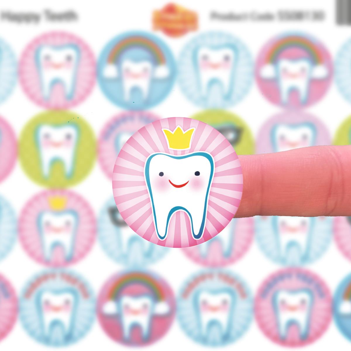 144 Happy Teeth 30mm Reward Stickers for Teachers, Parents. Dentist and Party Bags