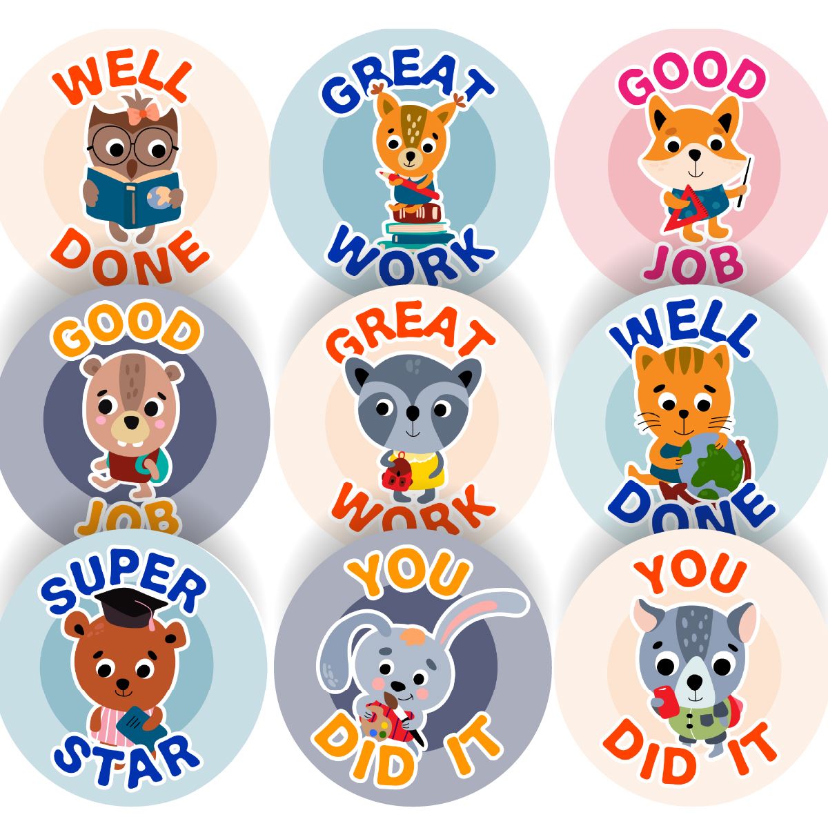 144 Animal Activity Praise Words Stickers - 30mm - Glossy Reward Stickers for Teachers & Parents