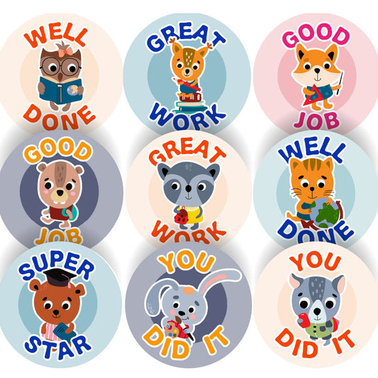 144 Animal Activity Praise Words Stickers - 30mm - Glossy Reward Stickers for Teachers & Parents