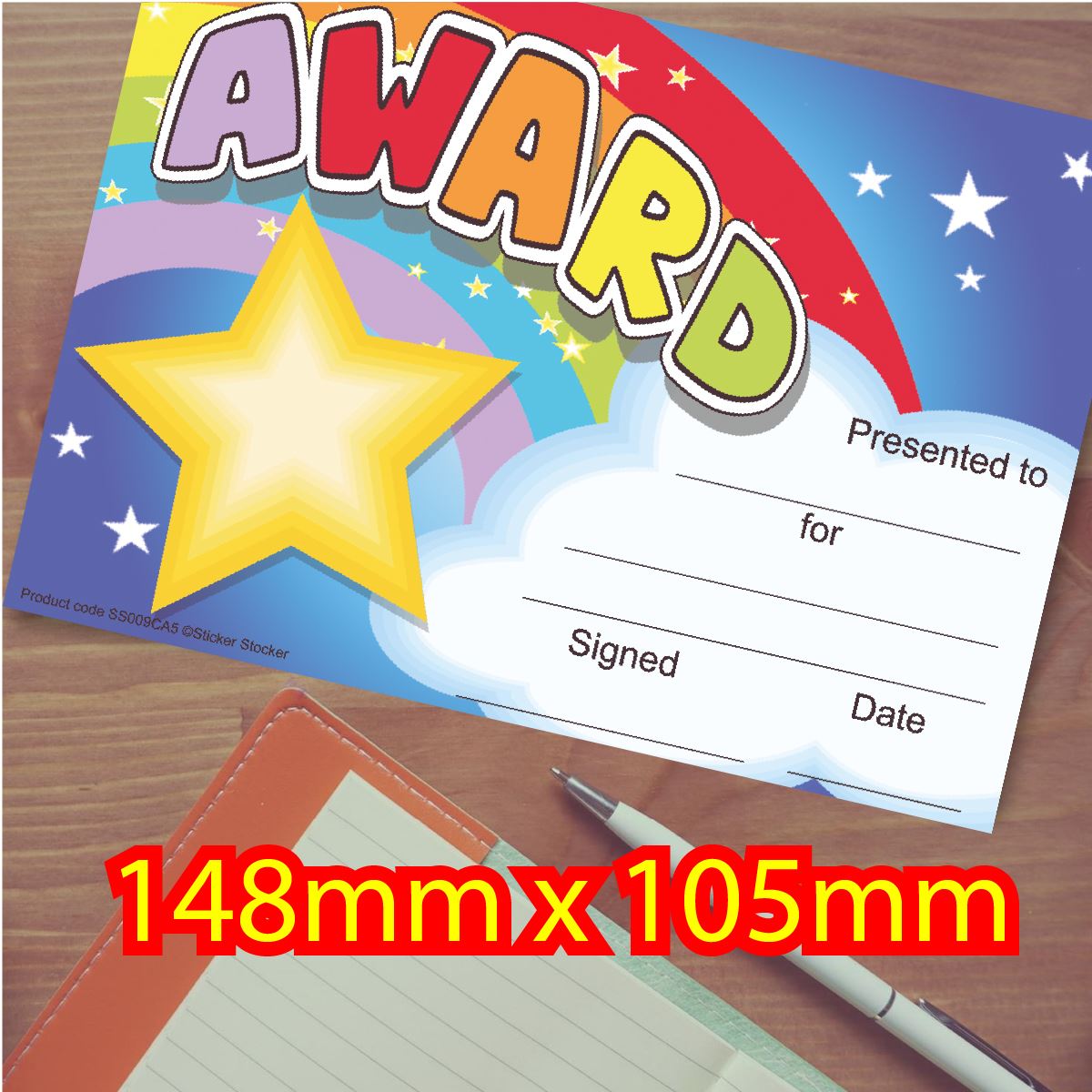 Colorful award certificate with star, rainbow, and clouds, 148mm x 105mm size, teacher reward