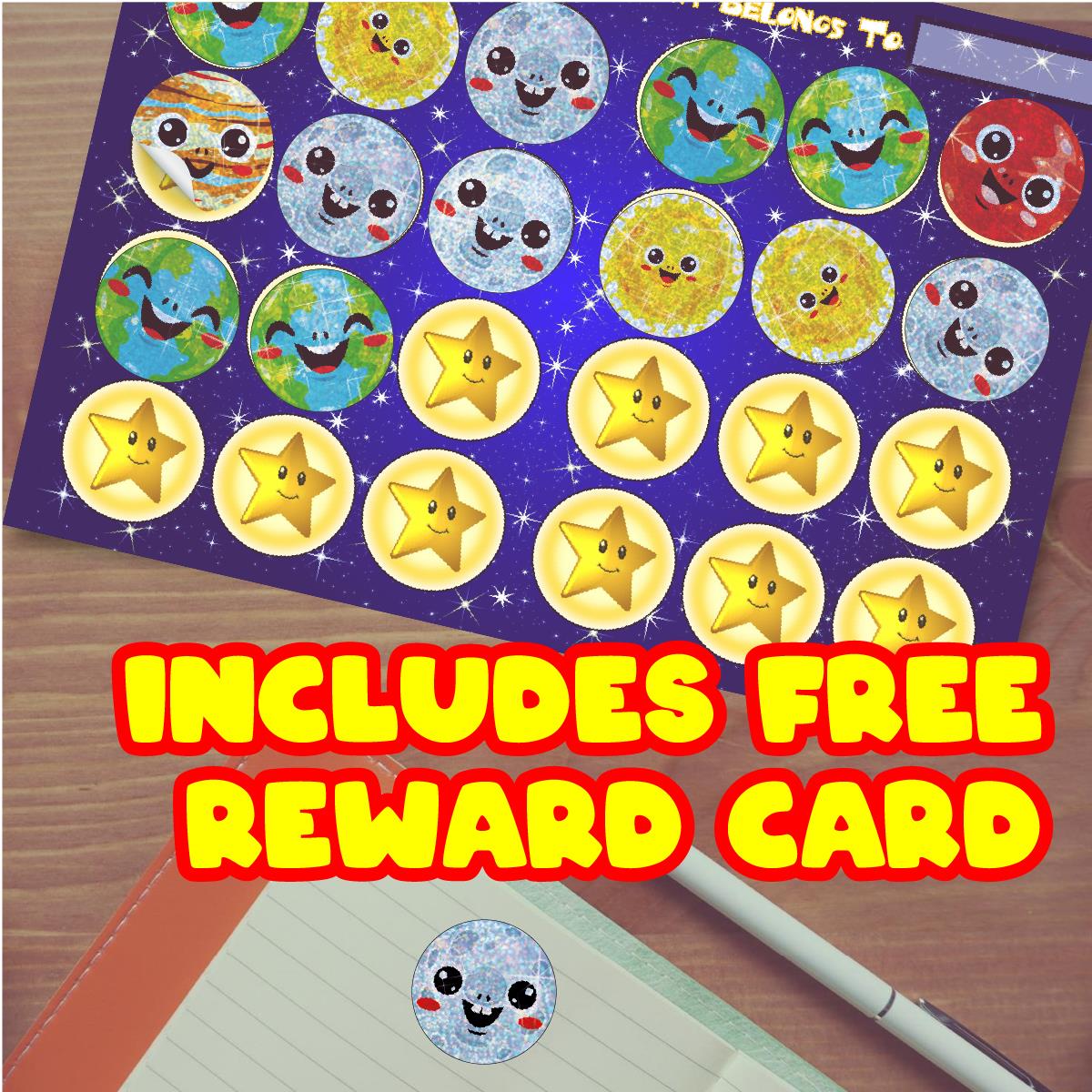 96 Sparkle Planets 30mm + 60 Free Sparkle Smiles Reward Stickers for Teachers, Parents and Schools
