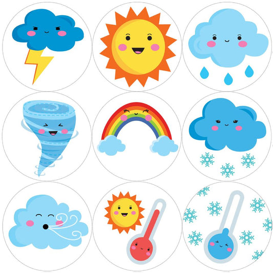 144 Cute Weather 30mm Reward Stickers for School Teachers, Parents and Nursery