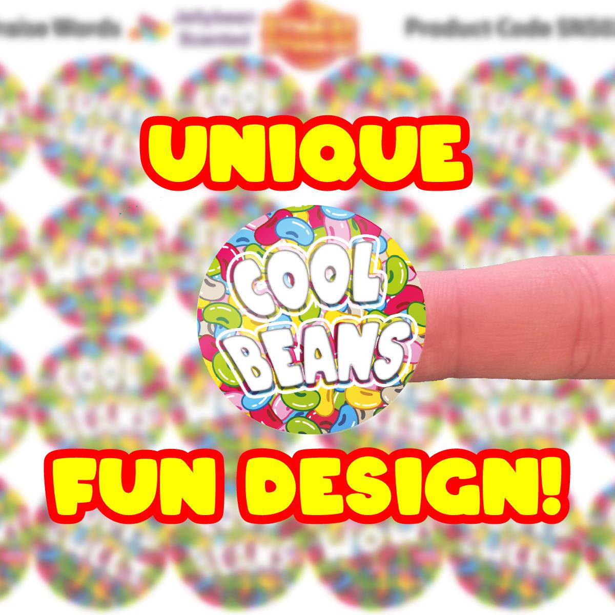 120 Jellybean Praise Words 30mm Scented Reward Stickers for Teachers, Parents and Party Bags