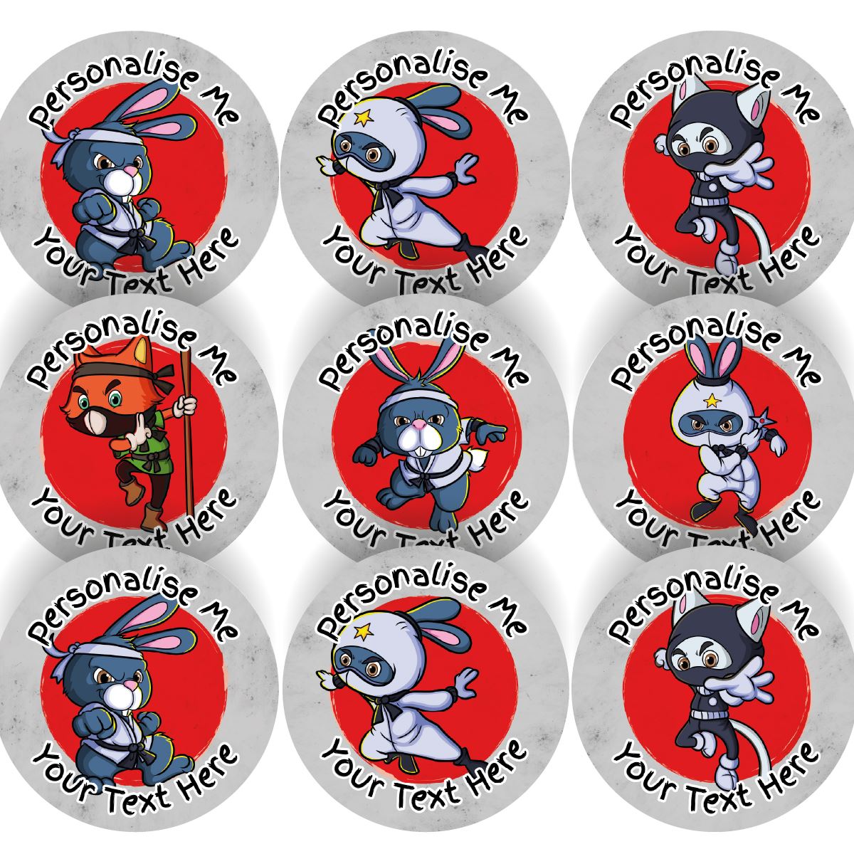 144 Ninja Animal Karate Personalised 30mm Reward Stickers for Football Clubs, schools
