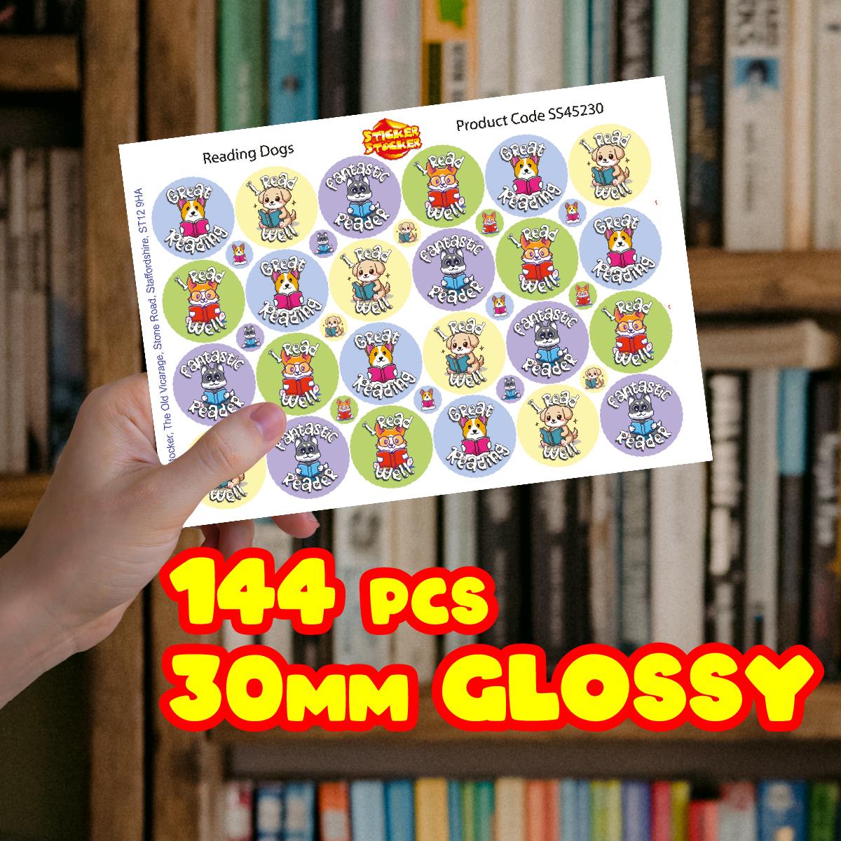 144 Reading Dogs + 90 Free Mini Dogs 30mm Reward Stickers for Teachers, Parents and Schools