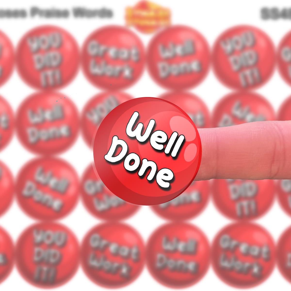 144 Red Clown Nose Praise Words - 30mm - Glossy Reward Stickers for Teachers & Parents