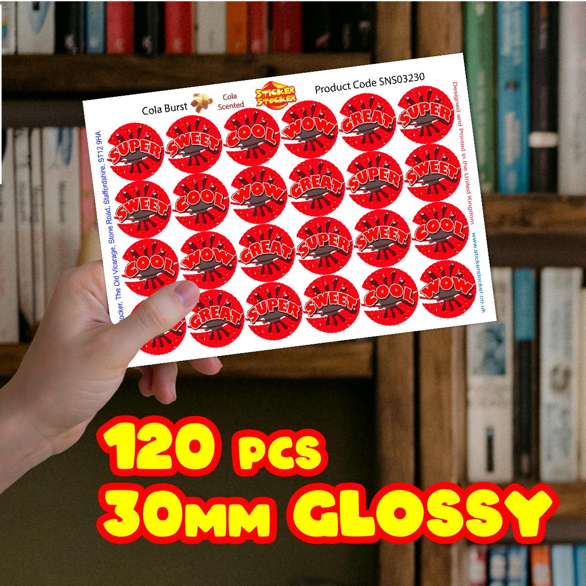 120 Cola Burst Praise Words Scented  30mm Reward Stickers for Teachers, Parents and Party Bags