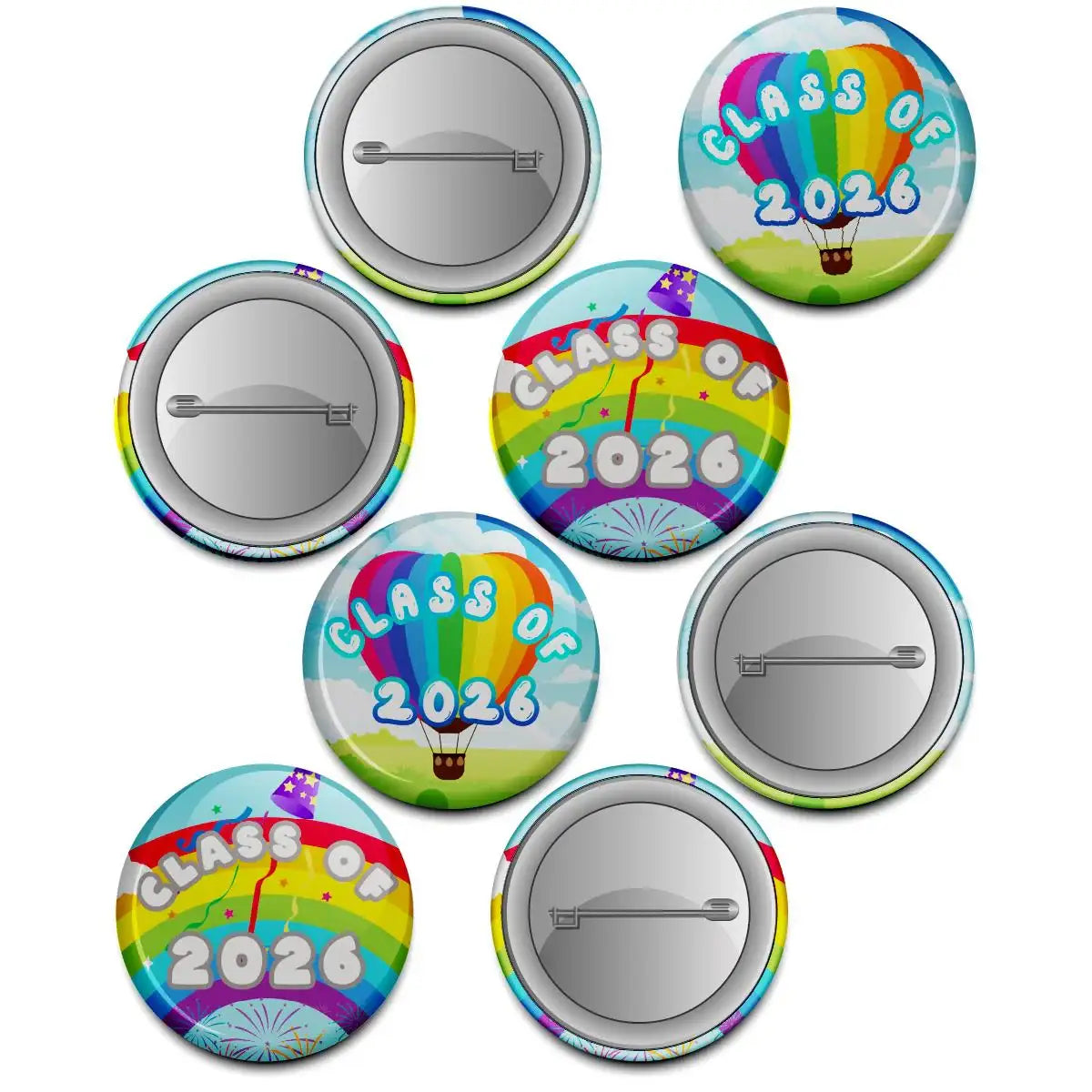 Class of 2026 colorful rainbow and hot air balloon buttons for students or graduation