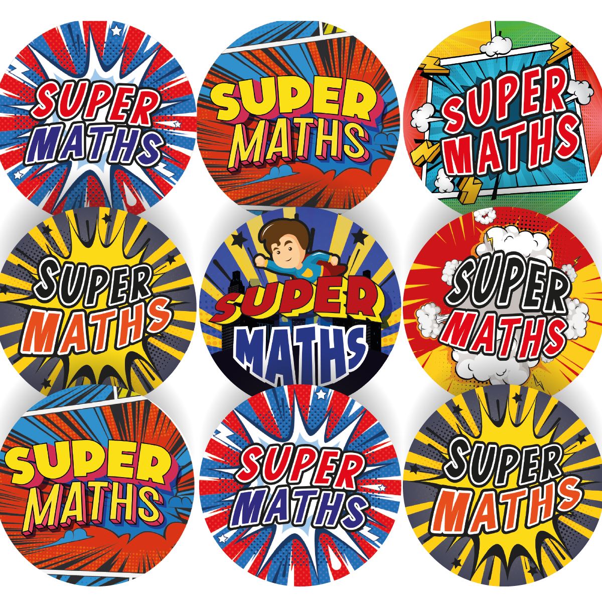 144 Superhero Maths  - 30mm - Glossy Reward Stickers for Teachers & Parents