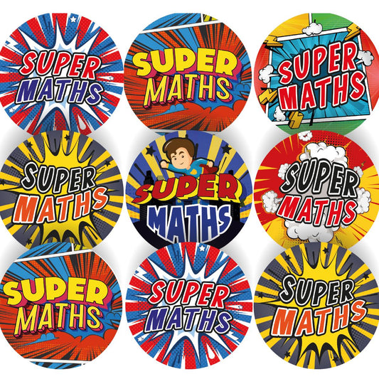 144 Superhero Maths  - 30mm - Glossy Reward Stickers for Teachers & Parents