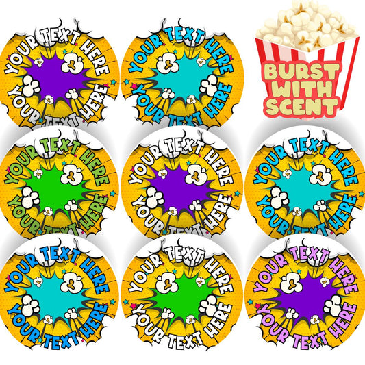 120 Popcorn POP! Scented Personalised Stickers - 30mm - School Teachers Parents